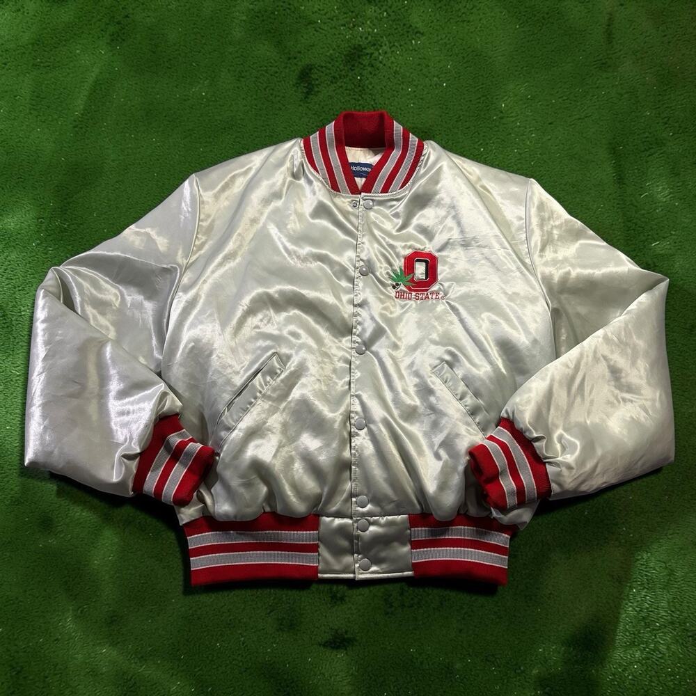 Vtg Ohio State Buckeyes Holloway Satin Bomber Jacket XL Silver Red USA Made